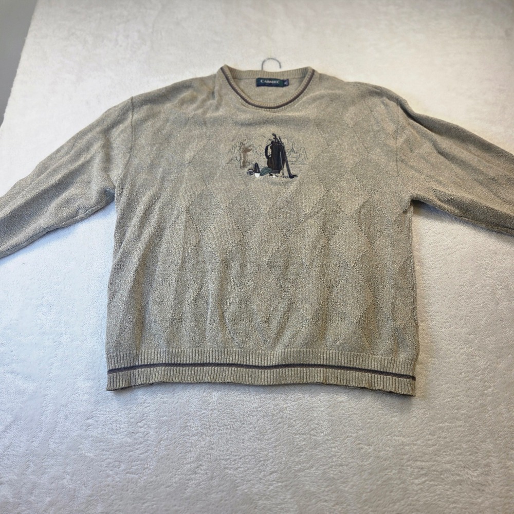 Carmel Mens XL Golf Sweater Tan Diamond Knit Embroidered Made in USA Crewneck